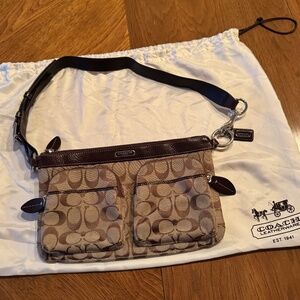 Coach Signature Sufflette cloth handbag in brown with leather trim